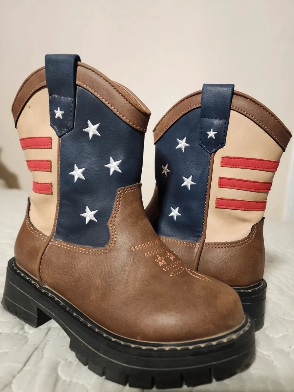 Dream Pairs Brown, Navy & Red Kids Western Flag Pull-On Boots